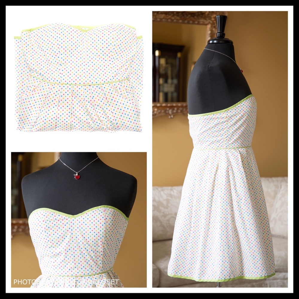 WHITE STRAPLESS RETRO POLKA DOT MINI DRESS A3C - Picture 5 of 8